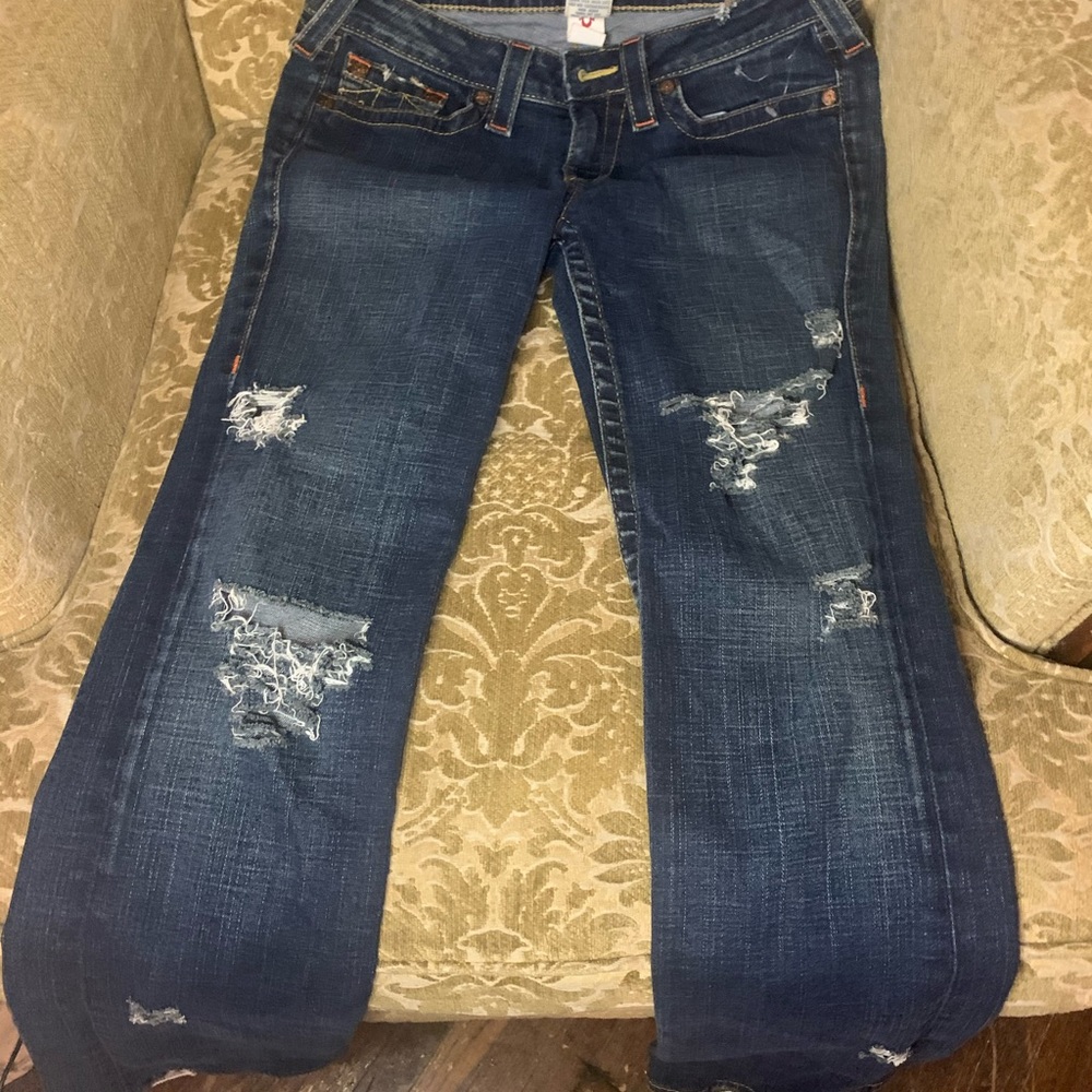 True religion dark wash destroyed skinny jeans